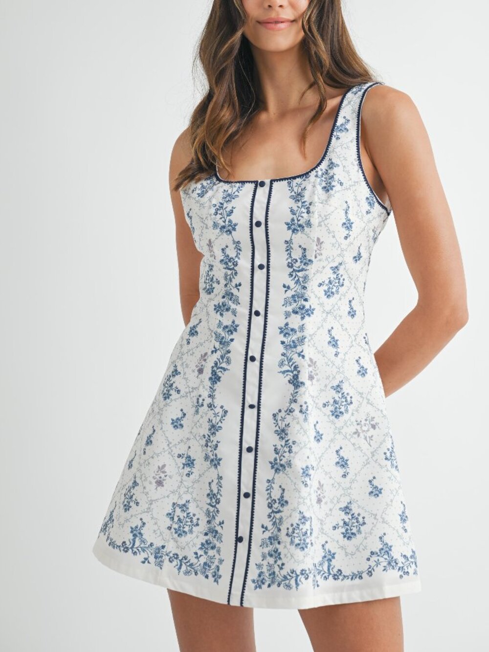 NWT Mable White Dress With Blue Floral Printed Euro Summer Greece Style Dress